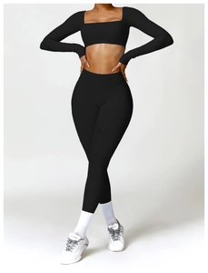 Women's black high-waisted yoga leggings and long sleeve square neck crop top set