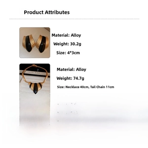 Detail view of vintage gold and black enamel jewelry set with size and weight specs