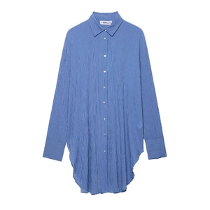 Chemise À Manches Longues Et Short À Rayures Verticales Bleu Blanc Femmes Tenue Décontractée En Polyester Pour L'été