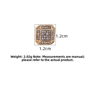 Detail view of square gold earrings with rhinestones, size 1.2cm and weight 2.02g