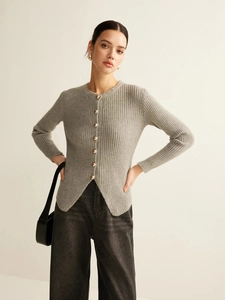 Slim fit grey ribbed knit cardigan with gold buttons and unique inverted V-hem design