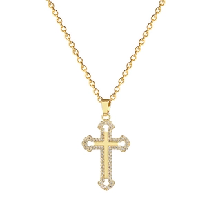 Luxurious gold hollow cross necklace with sparkling crystals on a fine titanium chain