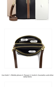 Detailed interior of two-compartment black and brown crossbody phone bag with card slot