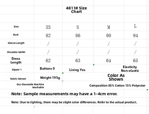 Size guide for embroidered mini dress showing measurements for XS-L in cm with care tips