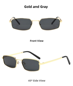 Front and 45-degree side views of gold metal rectangular frame sunglasses with grey lenses