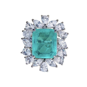 Luxurious S925 sterling silver ring with large rectangle blue Paraiba gemstone and zircons