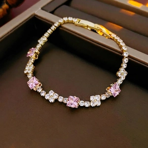 Elegant Gold Plated Alloy Tennis Bracelet For Women With Pink Square Zircon And Cubic Zirconia Butterfly Flower Accents