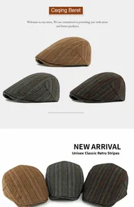 Detail view of retro herringbone pattern and silhouette of unisex wool flat caps