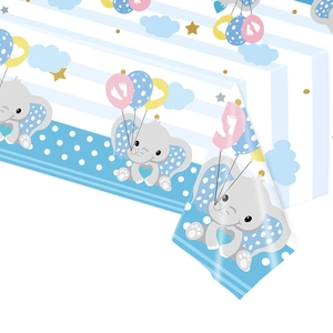 Detail of disposable paper tablecloth featuring cartoon elephants with balloons and stars