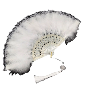 Elegant white feather folding fan with intricate carved bone and white silk tassel
