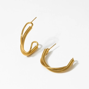 Exaggerated golden C-shaped twisted double-layer earrings with spiral metal texture