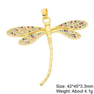 Macro detail of gold dragonfly pendant with colorful zircons and precise dimensions