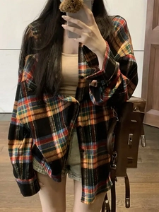 Relaxed vintage plaid shirt for women featuring colorful long sleeves and button-down style