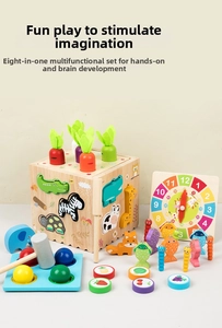 All-in-one wooden Montessori toy set with shape sorting, fishing game, and clock