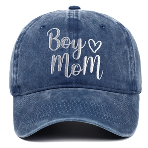 Distressed navy blue cotton baseball cap with Boy Mom embroidery and heart detail