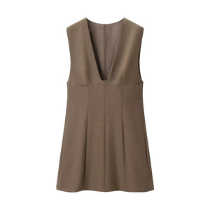 Robe Courte Sans Manches Col En V Profond Mélange De Polyester Tissé Fermeture Éclair Dos Ligne A Élégante Unie