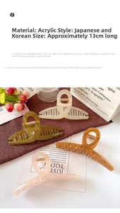 Detail view of large acrylic hair claw clips in four colors with 13cm length measurement