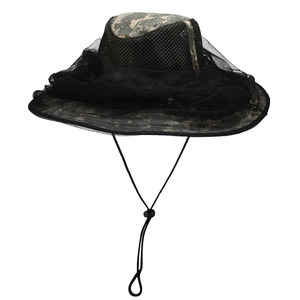 Outdoor camouflage mosquito net hat with wide brim and mesh face protection for fishing