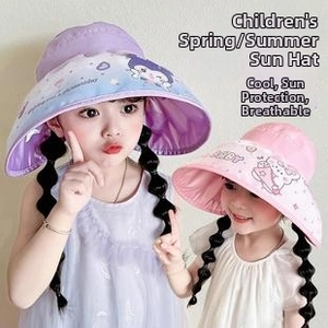 Close-up of kids sun visor hats with cartoon prints and wide brims for UV protection