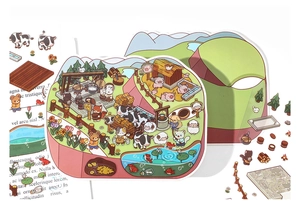Detail of 3D pop-up stickers showing cute cartoon farm animals and miniature house scenes
