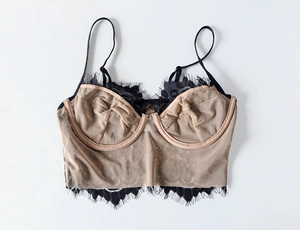 Detailed close-up of nude mesh bra with black eyelash lace trim and thin straps