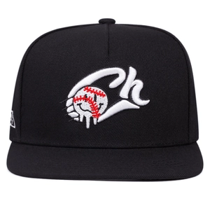 Classic black baseball cap with vibrant red Ch embroidery and melting smiley face graphic