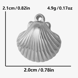 Detailed view of silver shell pendant with 2.1cm height and 2.0cm width dimensions