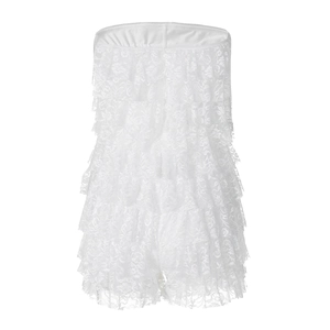 Detailed close-up of white layered lace ruffles on a strapless summer romper bodice
