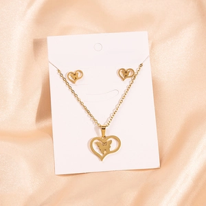 Golden stainless steel heart-shaped butterfly necklace and stud earrings jewelry set