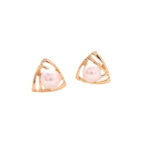 Minimalist gold triangle frame stud earrings with central white pearl for women