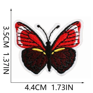 Detailed butterfly embroidery patch in red and black with precise size measurements