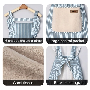 Blue striped waterproof apron with coral fleece hand-wiping pockets and H-shaped straps
