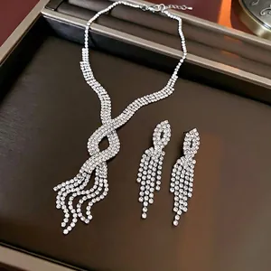 Luxury Rhinestone Tassel Necklace And Earrings Silver Plated Alloy Elegant French Style Jewelry For Women Glamorous