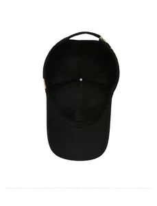 Detail view of the black baseball cap interior construction with adjustable metal buckle