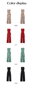 Detailed color display of sleeveless wide leg printed jumpsuits in khaki, red, green and black