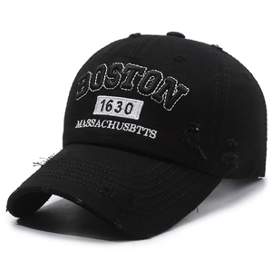 Vintage black Boston 1630 embroidery cotton baseball cap with distressed brim finish