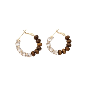 Vintage style gold earrings with half tiger eye beads and half sparkling cubic zirconia