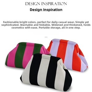 Three striped knitted makeup bags in green, pink, and orange showing foldable design