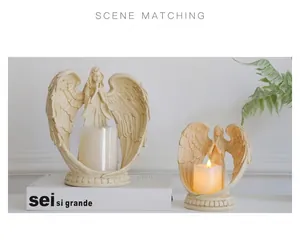 Close-up of Nordic angel resin candle holder with soft LED electronic candle lighting