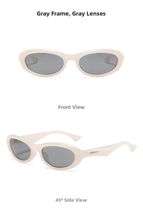 Front and side views of stylish oval-frame contrast sunglasses with grey lenses