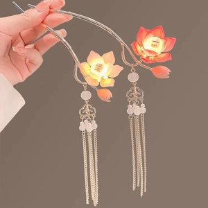 Luminous lotus flower hairpins with tassels and LED lights in retro Chinese style