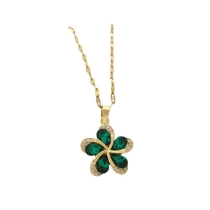 Elegant gold flower necklace with green water-drop stones and cubic zirconia inlay