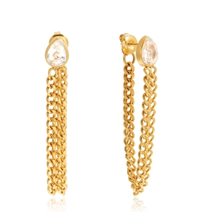 Elegante Ohrringe aus Gold-Titan mit Zirkonia im Birnenschliff und langen Kettenquasten
