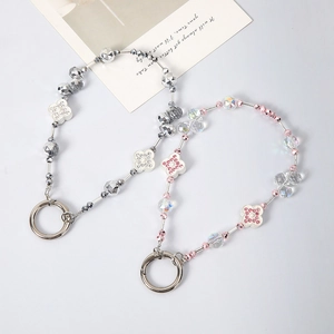Luxury rhinestone clover beaded phone charms with grey and pink crystals and metal rings