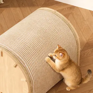 Natural sisal scratching house for cats with wooden frame and curved resting surface