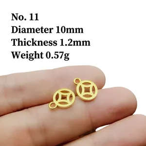 Macro shot of 10mm golden coin jewelry pendant on fingertip for size reference