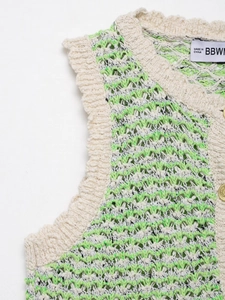Close-up of green and white wavy knit texture with gold embossed buttons and stitching