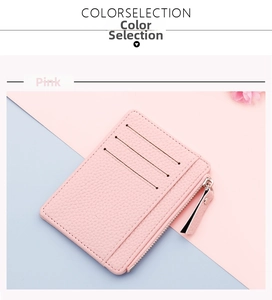 Pink ultra-slim PU leather card holder with three card slots and a zipped coin pocket