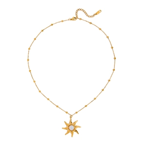 Detail of 18K gold stainless steel satellite chain with opal sun pendant and clasp