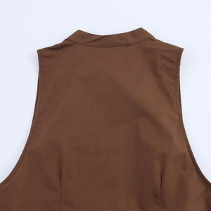 Detailed back view of a sleeveless deep brown dress showing clean vertical seams and fabric